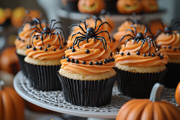 Sticker - A table set with Halloween-themed treats, including cupcakes topped with spider decorations. Concept of festive Halloween foods and celebrations.