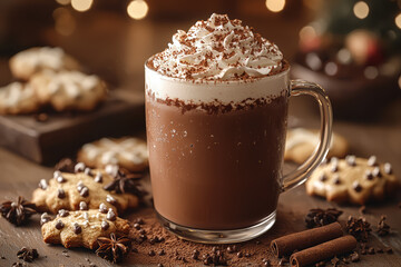 Sticker - A steaming mug of hot chocolate topped with whipped cream and a sprinkle of cinnamon, surrounded by Christmas cookies. Concept of festive treats and holiday indulgence.