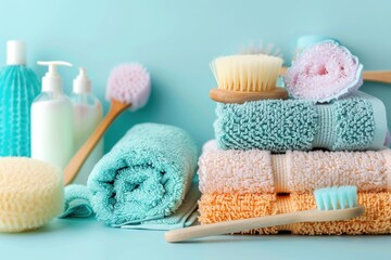 Poster - A collection of towels and a toothbrush placed neatly on a table, perfect for use in still life photography or as a prop for other scenes
