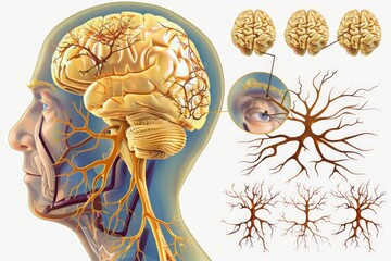 Poster - A human skull with a brain and surrounded by tree branches, suitable for medical or environmental illustrations