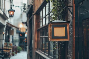 Sticker - A street light hangs from the side of a building, providing illumination to the surrounding area