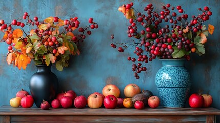 Wall Mural - Two vases with red berries and autumn leaves, surrounded by apples on a wooden table against a blue wall.