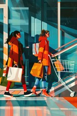 Aufkleber - Two women walking down an escalator, possibly in a shopping mall or train station