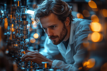 Poster - A physicist in a lab filled with superconductors, studying quantum mechanics. Concept of quantum physics and cutting-edge research.