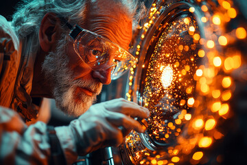 Poster - a physicist experimenting with a particle accelerator, searching for new particles. concept of high-