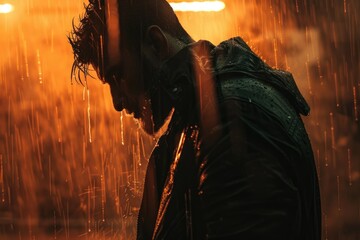 Poster - A man stands under an umbrella in the rain