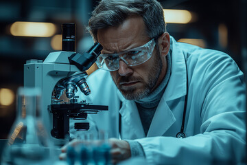 Poster - a medical researcher developing a new vaccine, focused on the microscope. concept of medical science