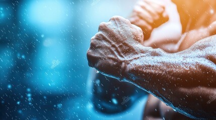 Wall Mural - A close up of a man's arm flexing in the rain, AI