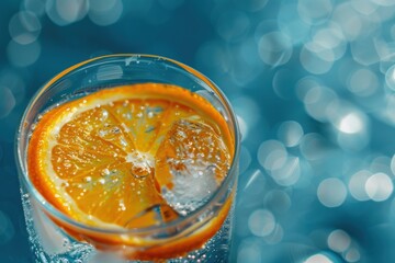 A glass of water with a slice of orange in it, generative ai image