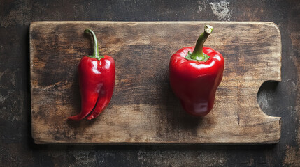 two bell peppers on aged wooden cutting board, red and spicy