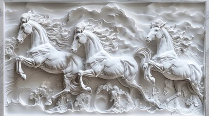 Poster - A group of horses running freely along the surface of a stone or concrete wall