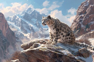 Poster - A snow leopard perched at the summit, gazing out into the distance