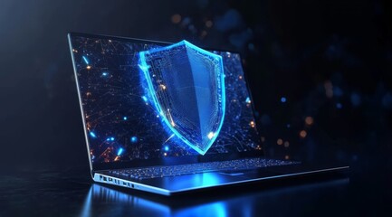 Poster - an abstract representation of cyber security featuring a modern laptop and a blue guard shield, symb