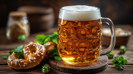 Warm ambiance with two frosty mugs of beer and a pretzel on a rustic wooden table