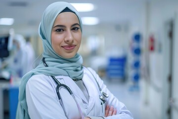 Canvas Print - A woman wearing a headscarf and stethoscope, focused on her work