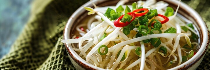 Wall Mural - Close-up of bean sprout soup topped with green onion and red pepper in a traditional bowl placed on a green cloth.