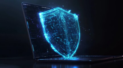 Poster - a visually striking representation of cyber security features a sleek laptop with a glowing blue shi