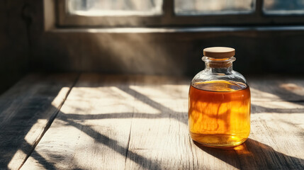 Wall Mural - golden honey in a transparent glass bottle on rustic wooden table with sunlight