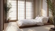 © Jaroon - Scandinavian-Japanese fusion bedroom. The minimalistic and organic aspects of Japanese design. The room is very clean and well-lit.