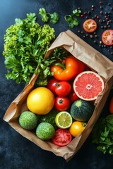 Wall Mural - Fresh produce assortment in a brown paper bag on a textured black surface