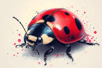 A cartoon ladybug with bright red wings and black spots on a white background.