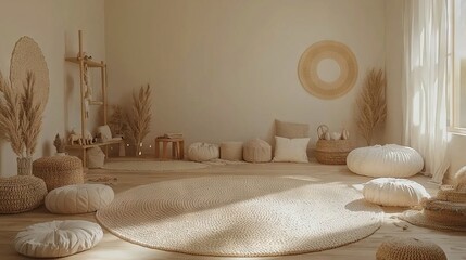 Wall Mural -   A spacious living room brimming with plush pillows atop an expansive, circular rug covering the hardwood floor adjacent to a window