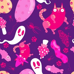 Halloween animals seamless cats and pumpkins pattern for wrapping paper