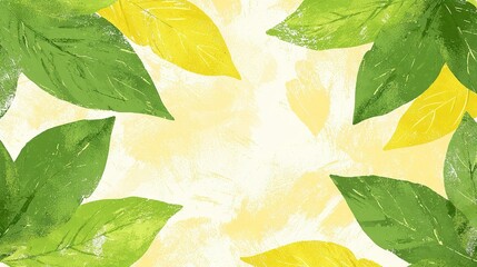 Wall Mural -   A painting featuring a yellow and green leaf motif on a yellow and white backdrop, with a lone green leaf positioned to the left of the canvas