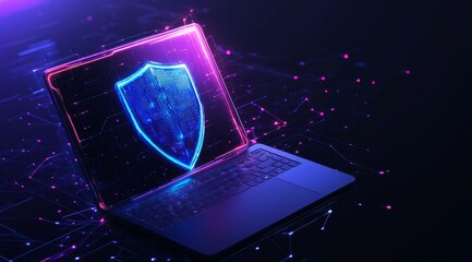 Poster - this is an abstract representation of cyber security, showcasing a laptop alongside a blue protectiv