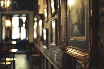 Aufkleber - A long hallway with a chandelier and pictures on the wall