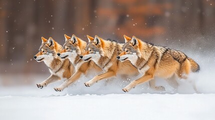 Sticker -   A pack of wolves dashing through snow, surrounded by more wolves