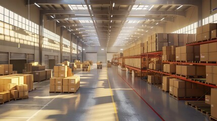 Empty warehouse space with stacks of boxes on shelves and pallets.