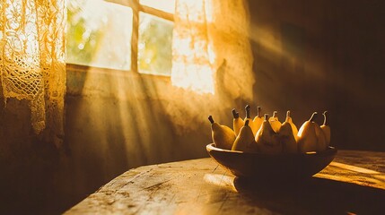 Wall Mural -   A bowl of bananas rests on a table, illuminated by sunlight filtering through the window curtains