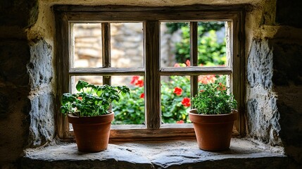   Two potted plants rest on a windowsill facing a stone wall and window glass