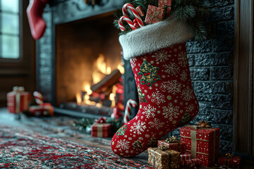 A Christmas stocking filled with small gifts, candy canes, and treats, hanging by the fireplace. Concept of holiday traditions and childhood memories.