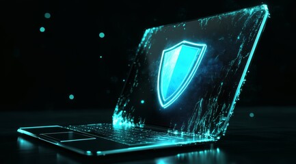 Poster - this is an abstract representation of a laptop, designed with a sleek blue futuristic guard shield t