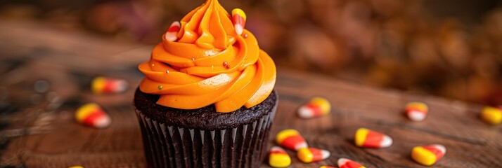 Sticker - Halloween-inspired chocolate cupcake featuring orange buttercream frosting and decorated with candy corn and assorted confections.