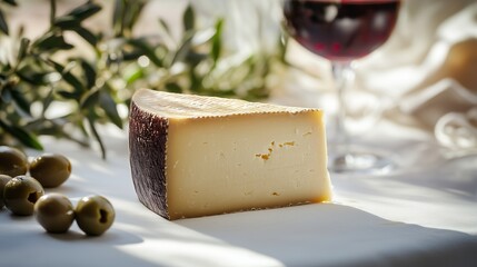 Aged Manchego cheese on a white table, surrounded by olives and red wine, evokes Spanish tradition.