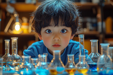 Poster - A child conducting a chemistry experiment, eyes wide with curiosity. Concept of hands-on learning and exploration.
