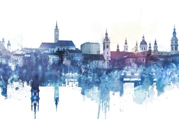 Poster - Watercolor illustration of a cityscape with a clock tower, perfect for use in travel or architecture-related projects