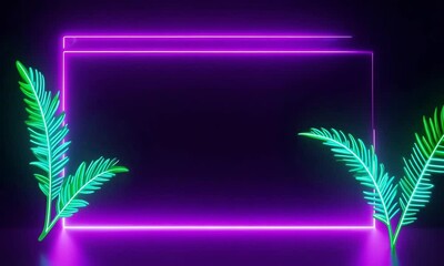 Poster - A vibrant neon display with glowing green plants creating a futuristic atmosphere in an innovative studio environment at dusk. Generative AI