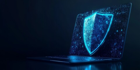 Poster - An abstract representation of cyber security with a modern laptop and a glowing blue shield, symbolizing vital aspects of digital protection, safety, and insurance in our techdriven world