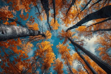 Poster - A group of tall trees with vibrant orange leaves, perfect for fall or autumn themed projects