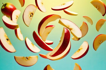 Wall Mural - Swirling Apple Slices in Mid-Air Over a Bright Background