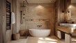 © Jaroon - Modern rustic bathroom interior design, The room is filled with natural light and has a cozy.