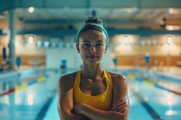 Poster - A woman standing near a swimming pool