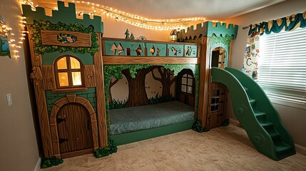 Sticker -   A child's room featuring a green slide and a treehouse bed integrated with a slide in the center