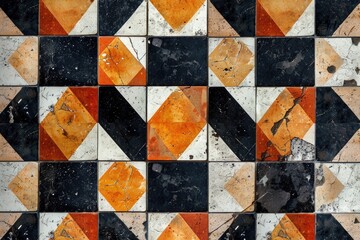Aufkleber - A close-up of a tiled floor featuring orange and black squares, great for use in interior design or architectural projects