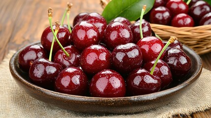 Wall Mural -   Close-up of cherry bowl on table with background basket