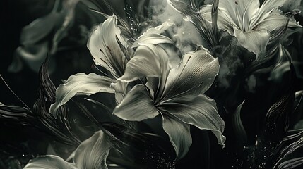 Wall Mural -   A monochrome image depicts a cluster of flowers emitting smoke from their center petals